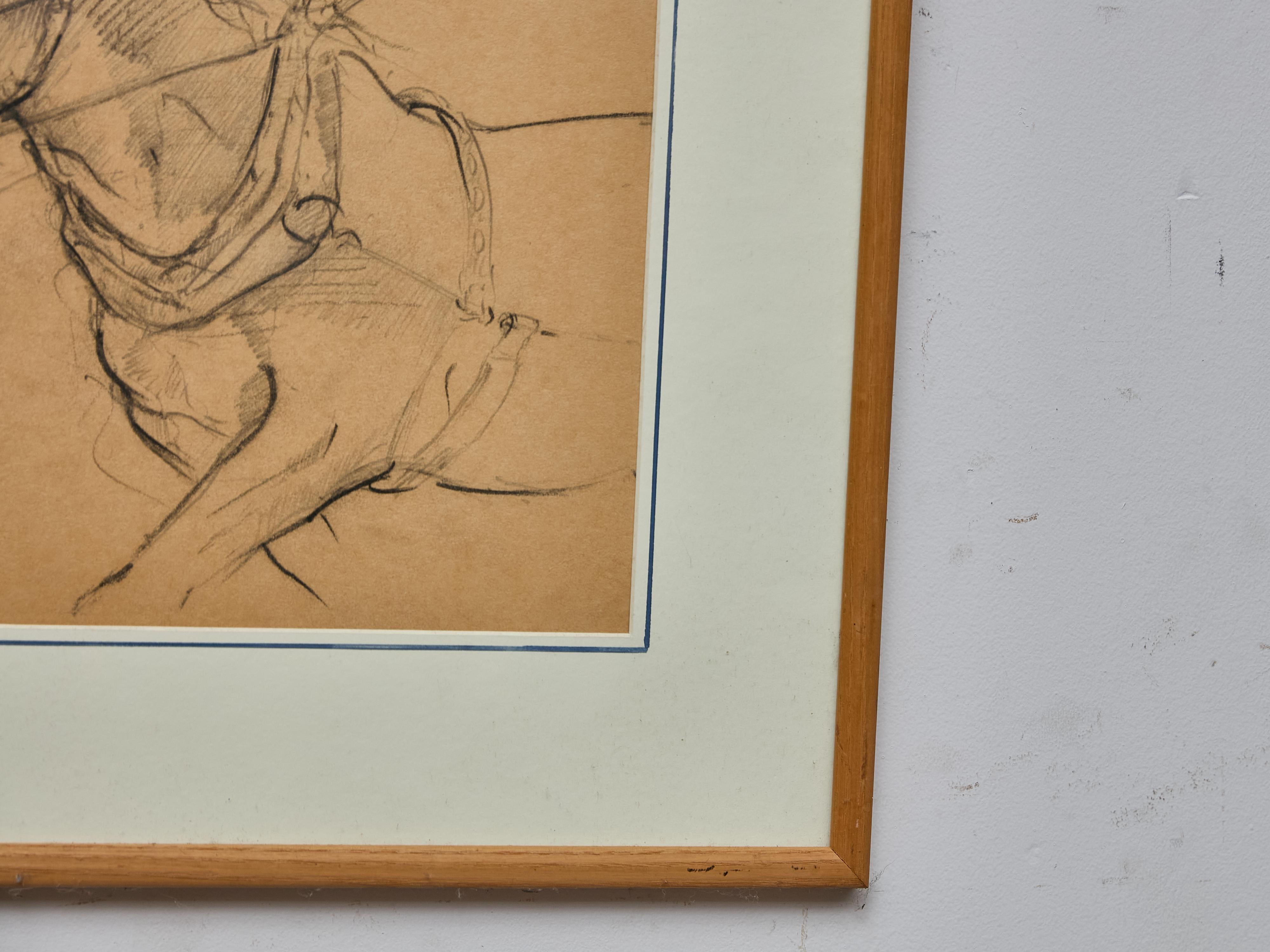 Framed English Charcoal Horse Study on Toned Paper, Circa 1920 For Sale 2