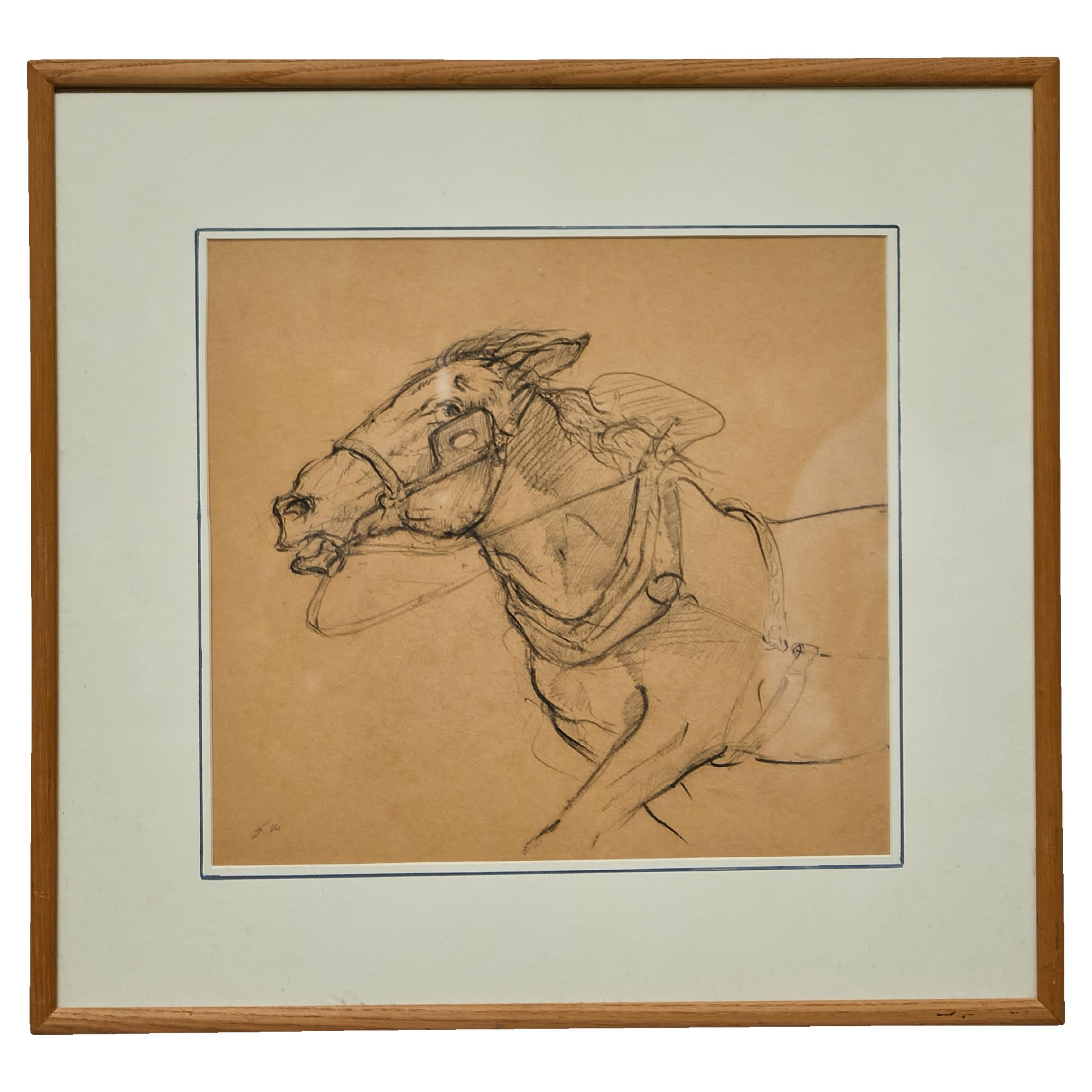 Framed English Charcoal Horse Study on Toned Paper, Circa 1920 For Sale