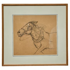 Framed English Charcoal Horse Study on Toned Paper, Circa 1920