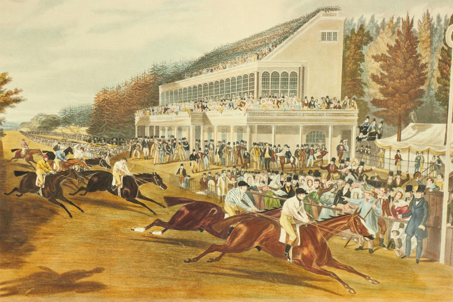 Framed English Georgian Lithograph Print of a Horse Race and Spectators (Viktorianisch) im Angebot
