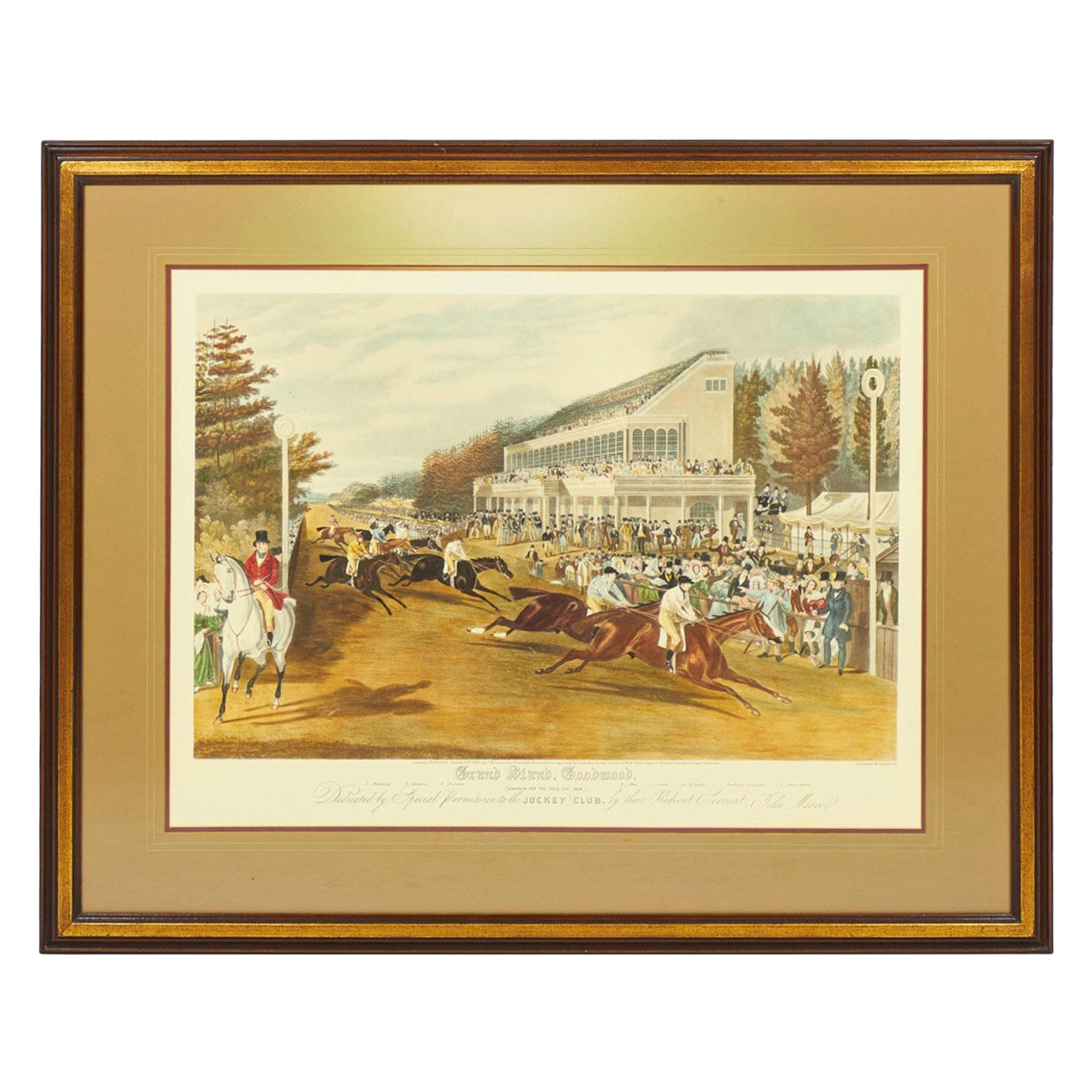 Framed English Georgian Lithograph Print of a Horse Race and Spectators