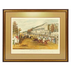 Framed English Georgian Lithograph Print of a Horse Race and Spectators