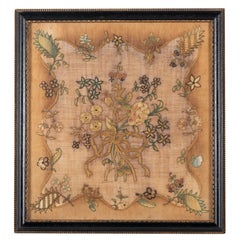 Framed English Needlework Centering on a Floral Bouquet '1775-1800'