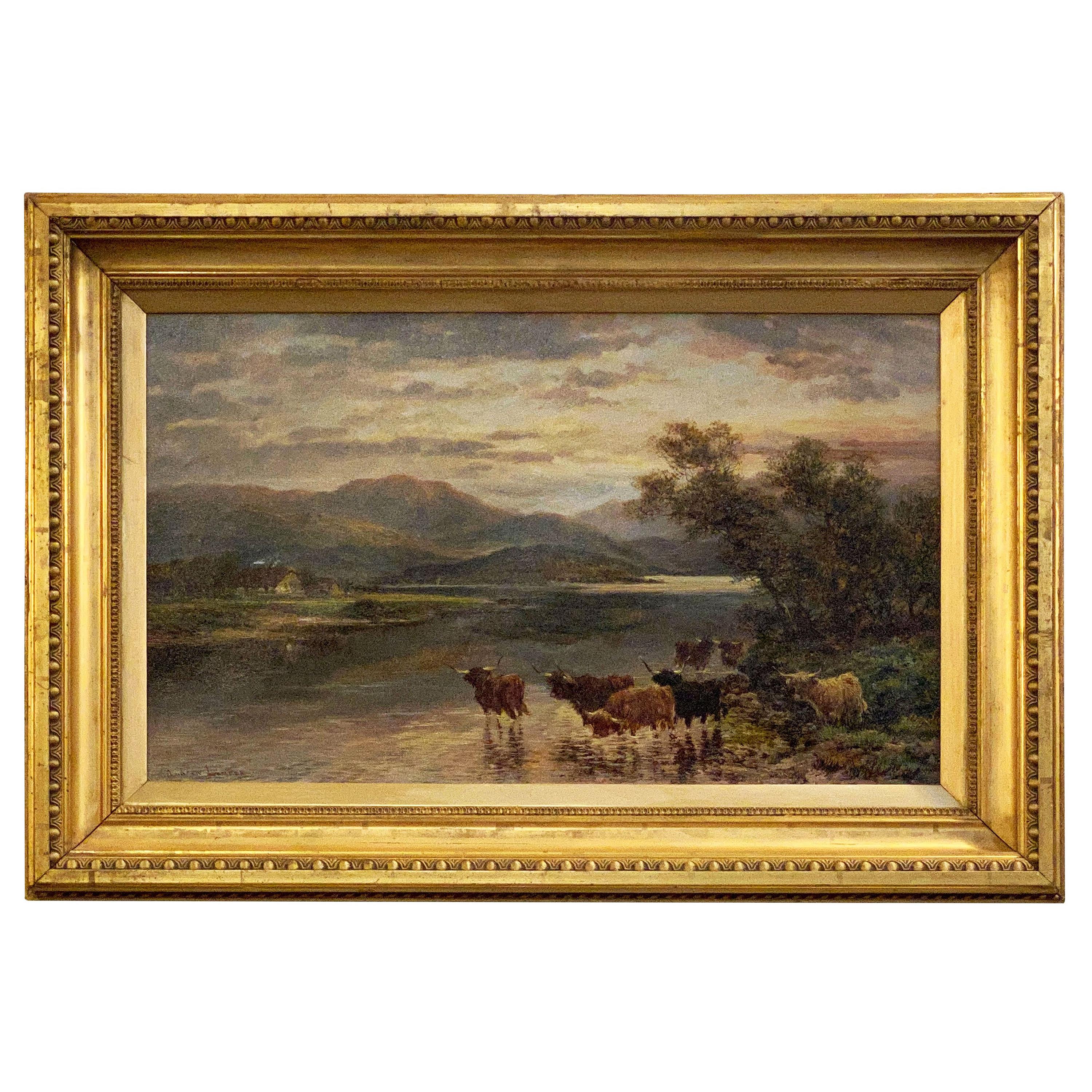 Framed English Oil Painting of Highland River Landscape by Andrew Lennox