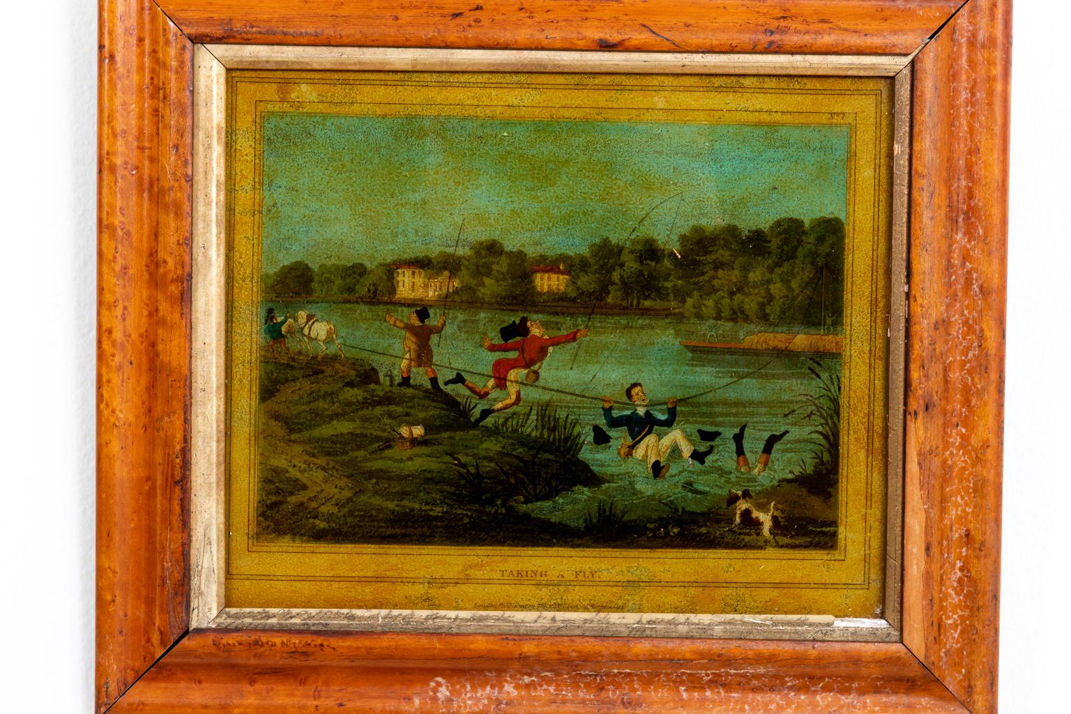 Framed English print mounted behind glass featuring a fishing scene with figures, circa 1880s. Please note of wear consistent with age including minor wear and slight damage to frame. There is also evidence of restoration to one frame.