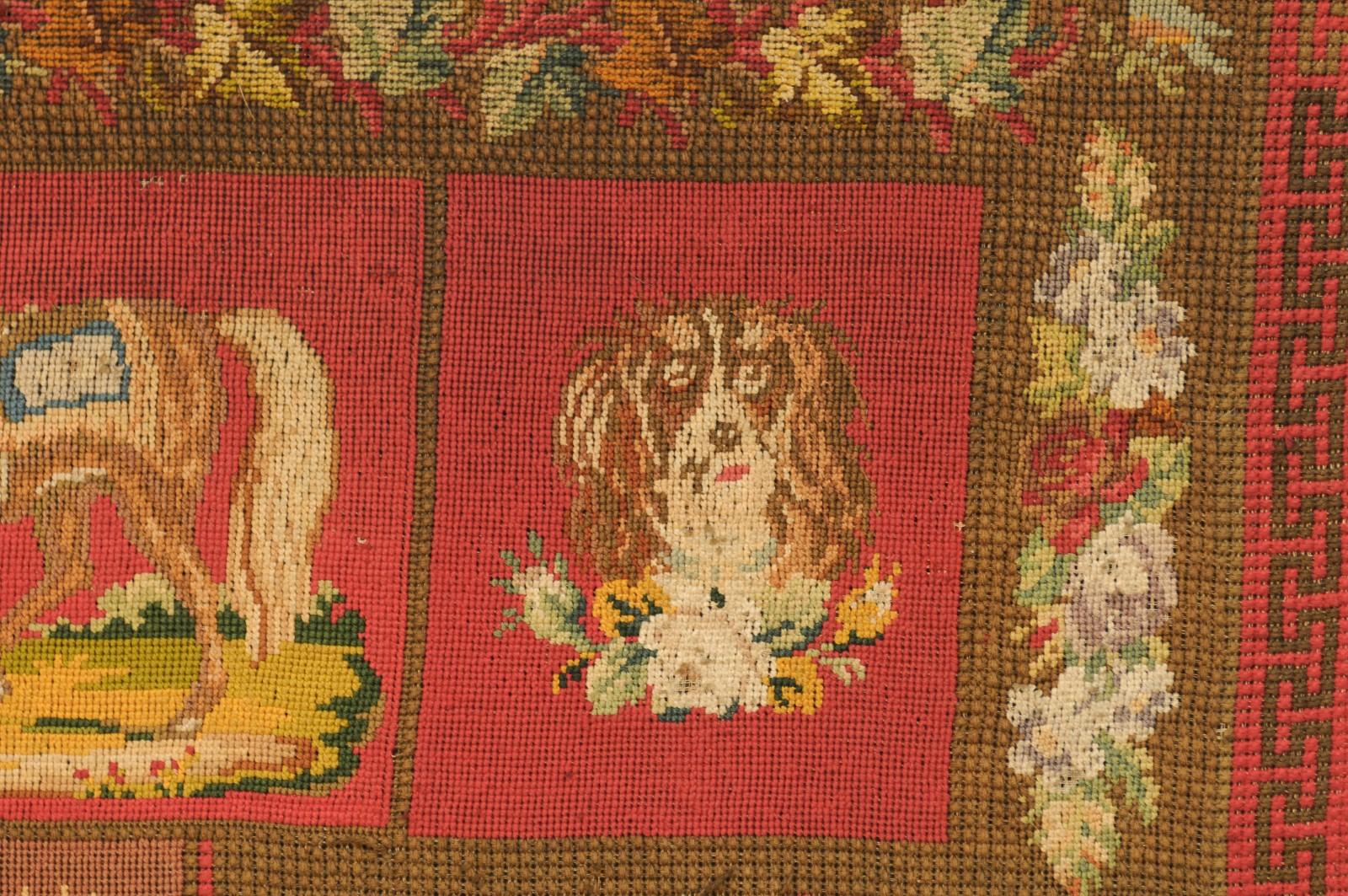 Framed English Red Needlework Tapestry Dated 1871 with Animals and Greek Key 6