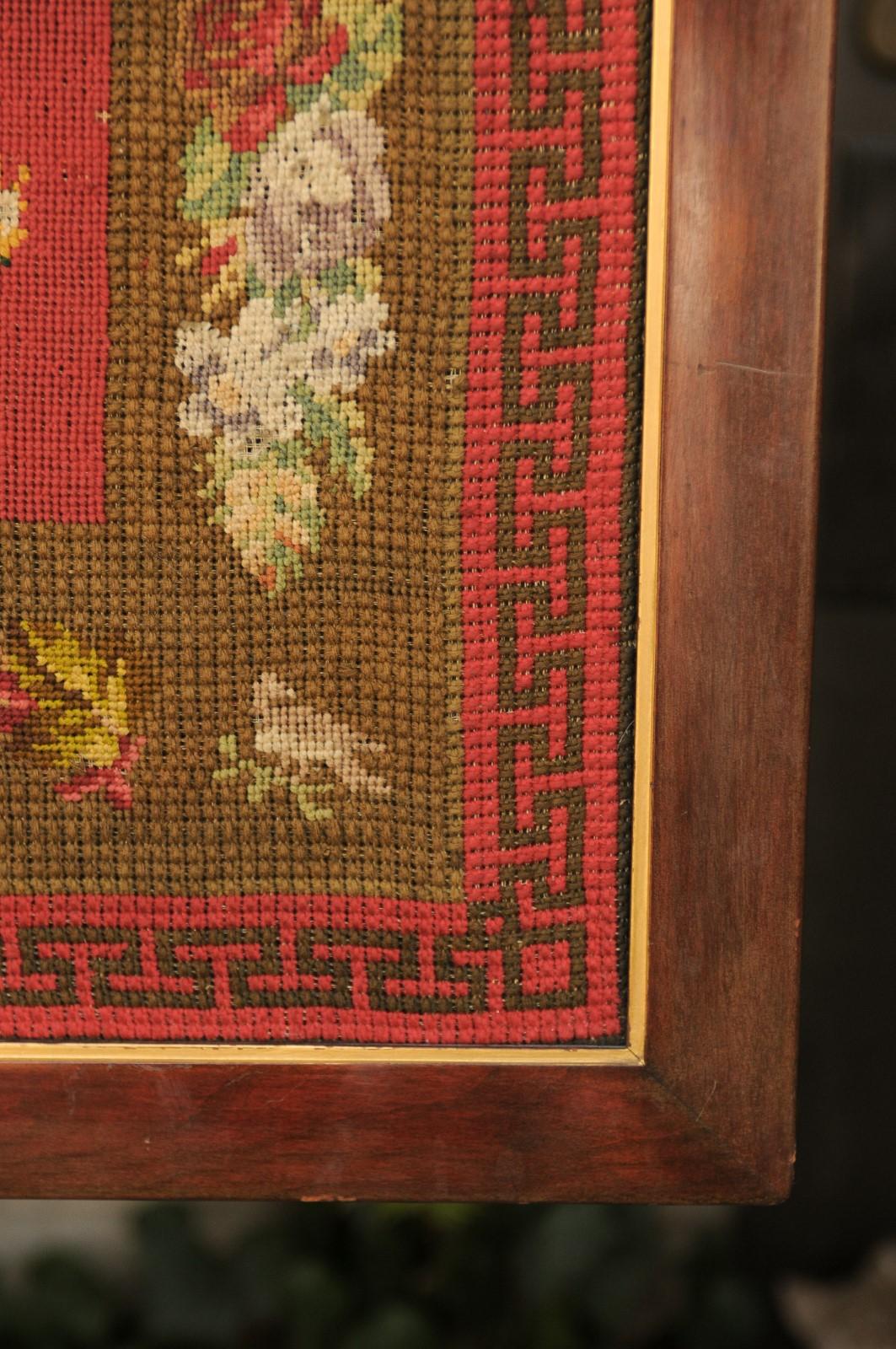 Framed English Red Needlework Tapestry Dated 1871 with Animals and Greek Key 8