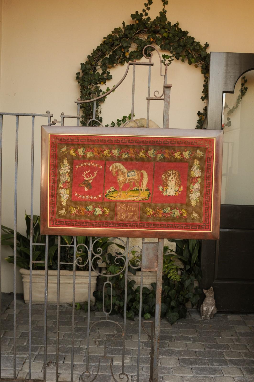 Framed English Red Needlework Tapestry Dated 1871 with Animals and Greek Key In Good Condition In Atlanta, GA