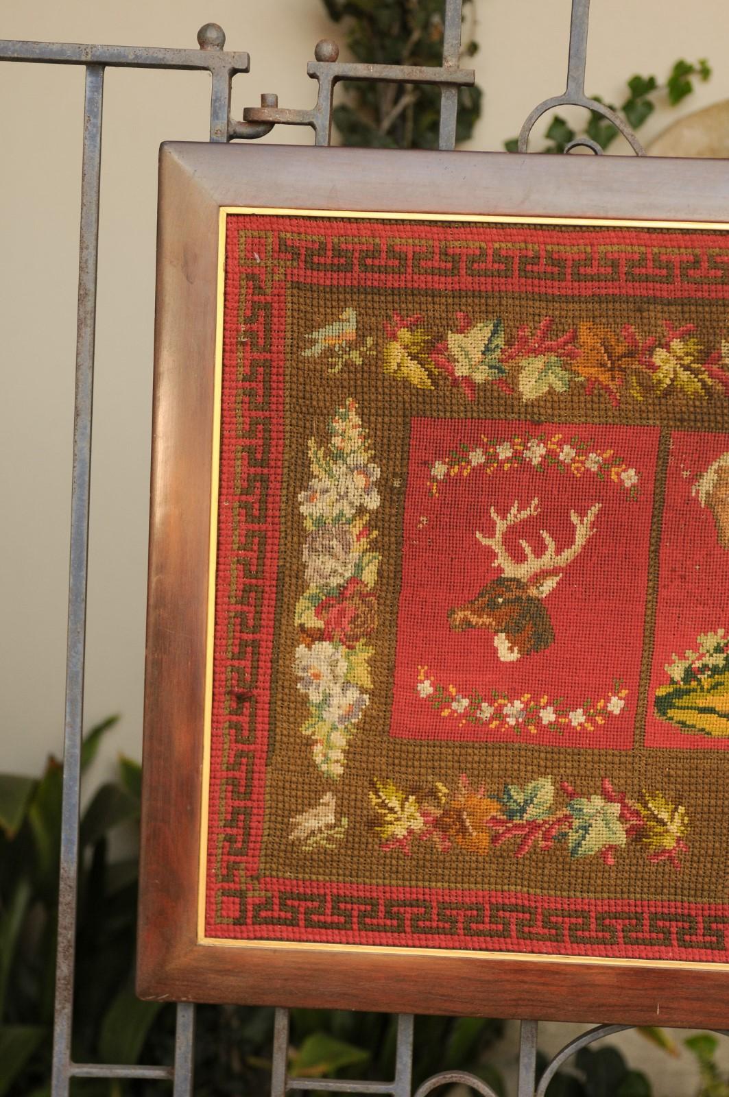 19th Century Framed English Red Needlework Tapestry Dated 1871 with Animals and Greek Key