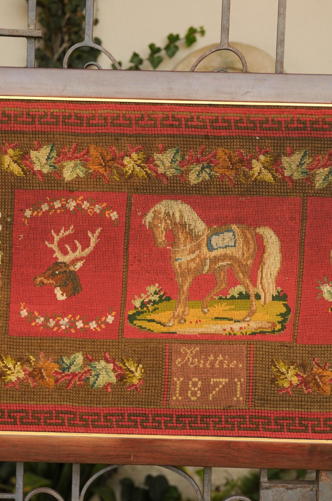 Framed English Red Needlework Tapestry Dated 1871 with Animals and Greek Key 1
