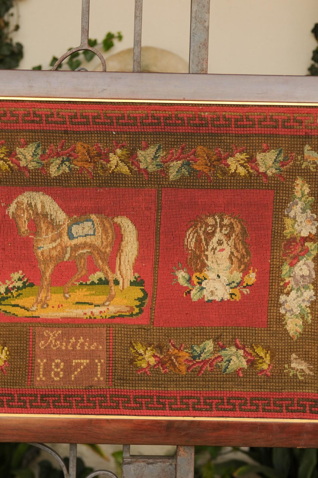 Framed English Red Needlework Tapestry Dated 1871 with Animals and Greek Key 2