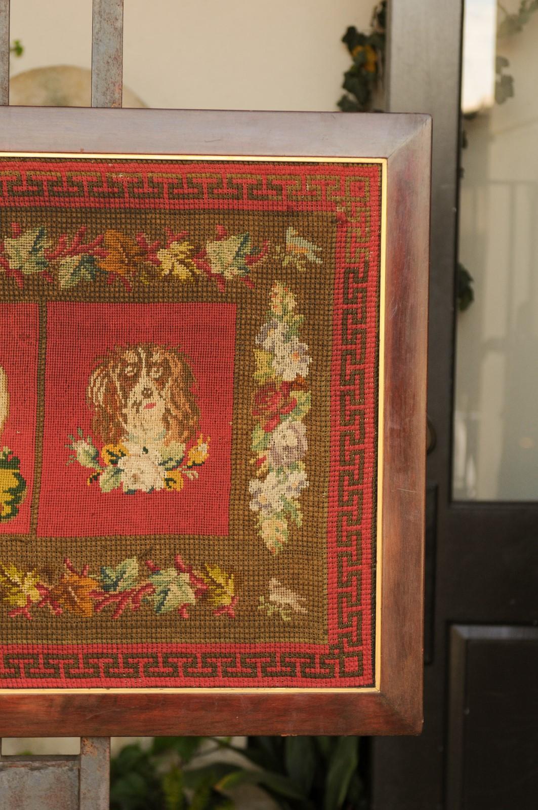 Framed English Red Needlework Tapestry Dated 1871 with Animals and Greek Key 3