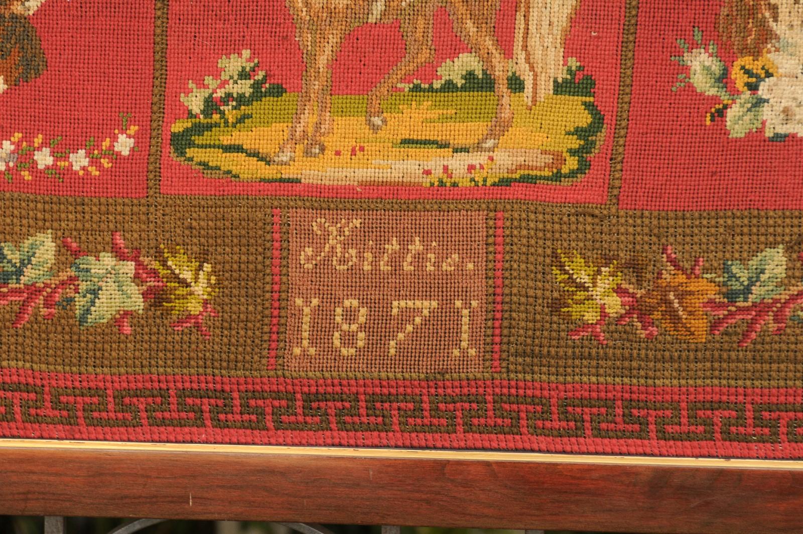 Framed English Red Needlework Tapestry Dated 1871 with Animals and Greek Key 4