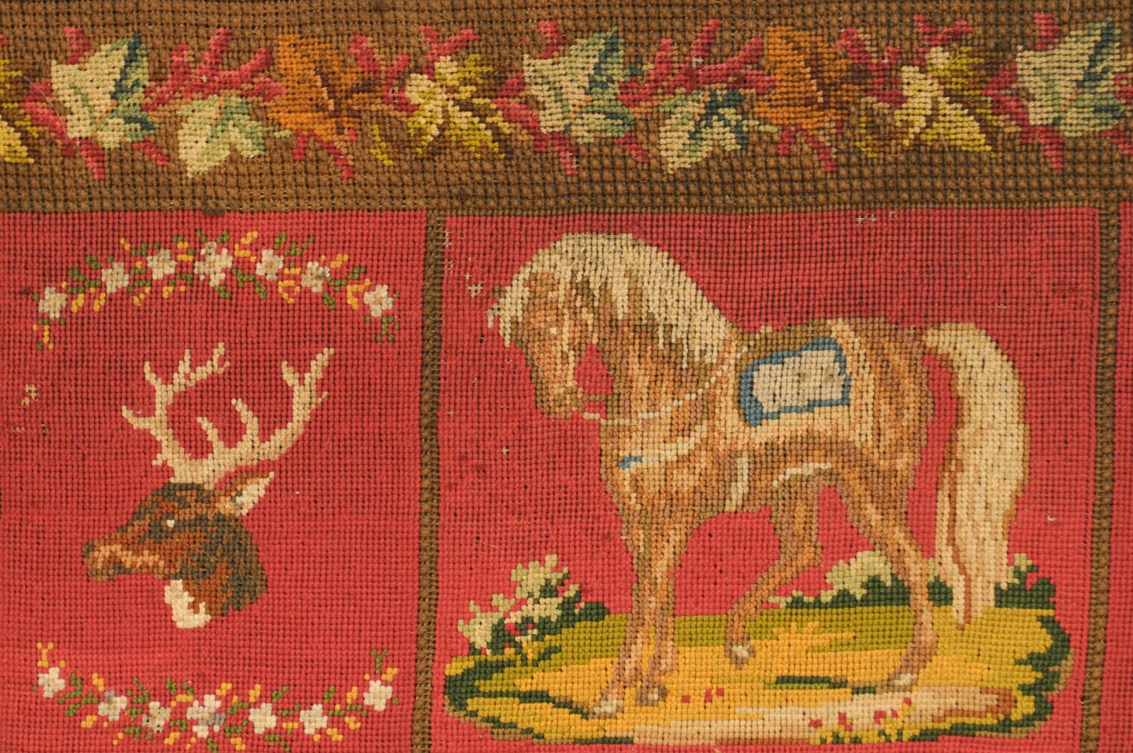 Framed English Red Needlework Tapestry Dated 1871 with Animals and Greek Key 5