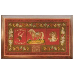 Framed English Red Needlework Tapestry Dated 1871 with Animals and Greek Key