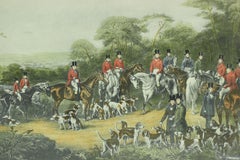 Framed English Victorian Equestrian Scene with Mounted Riders Awaiting a Hunt