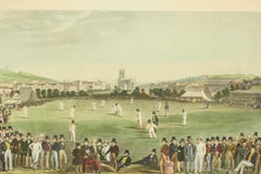 Framed English Victorian Lithograph of a Crowd Watching a Cricket Match