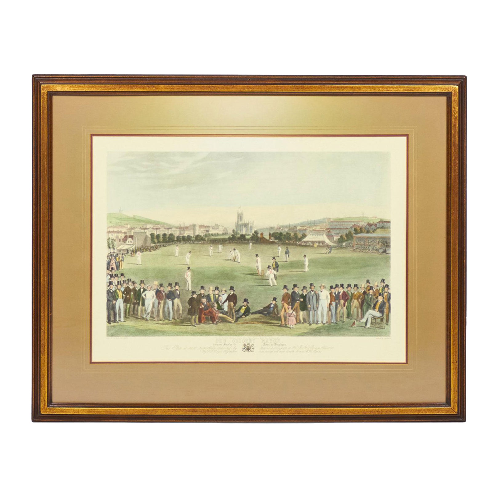 Framed English Victorian Lithograph of a Crowd Gathering to Watch a Cricket Matc