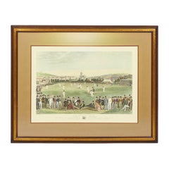 Framed English Victorian Lithograph of a Crowd Gathering to Watch a Cricket Matc