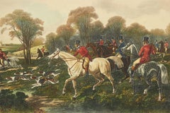 Framed English Victorian Lithograph of a Hunting Party of Men, Horses, and Dogs