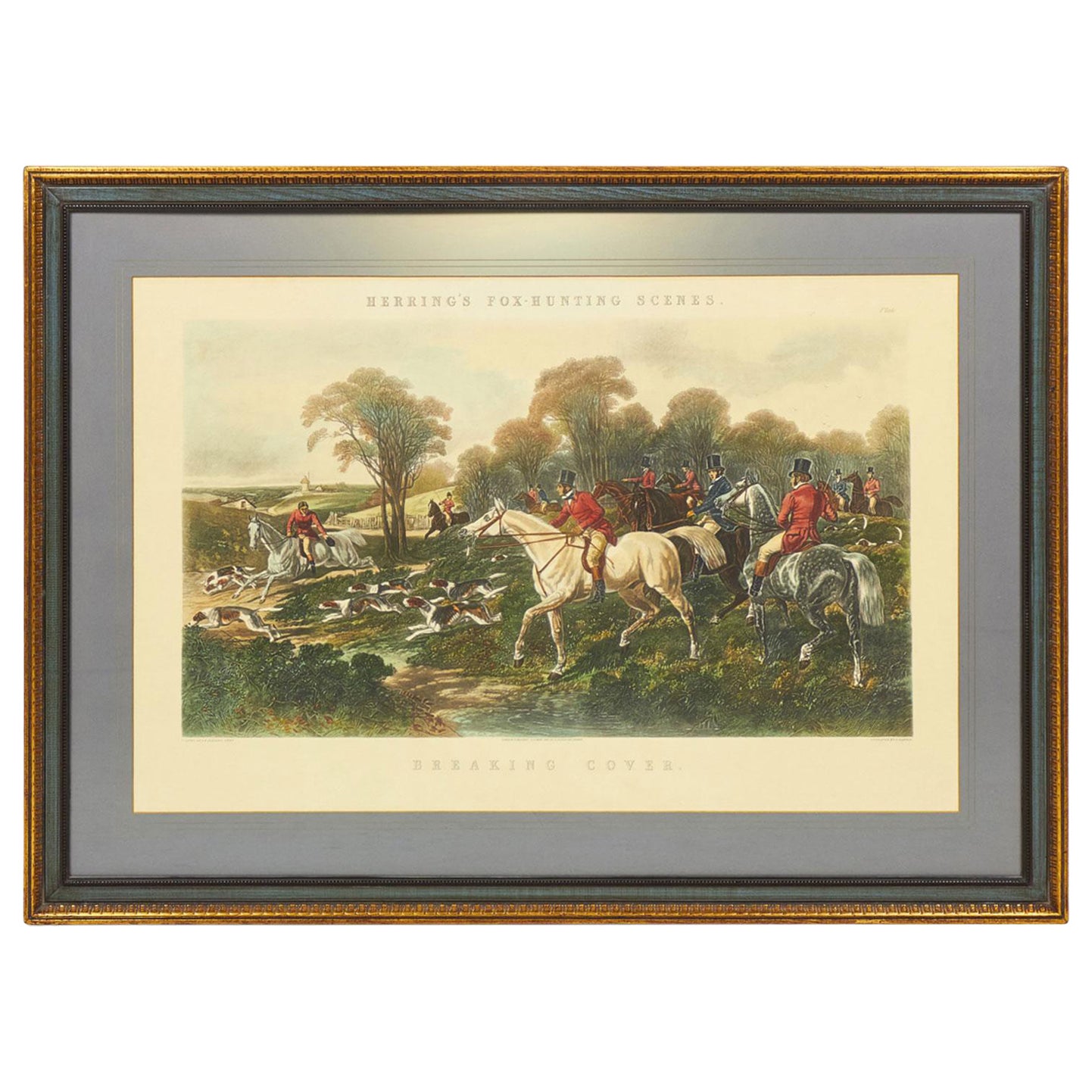 Framed English Victorian Lithograph of a Hunting Party of Men, Horses, and Dogs