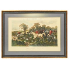 Framed English Victorian Lithograph of a Hunting Party of Men, Horses, and Dogs