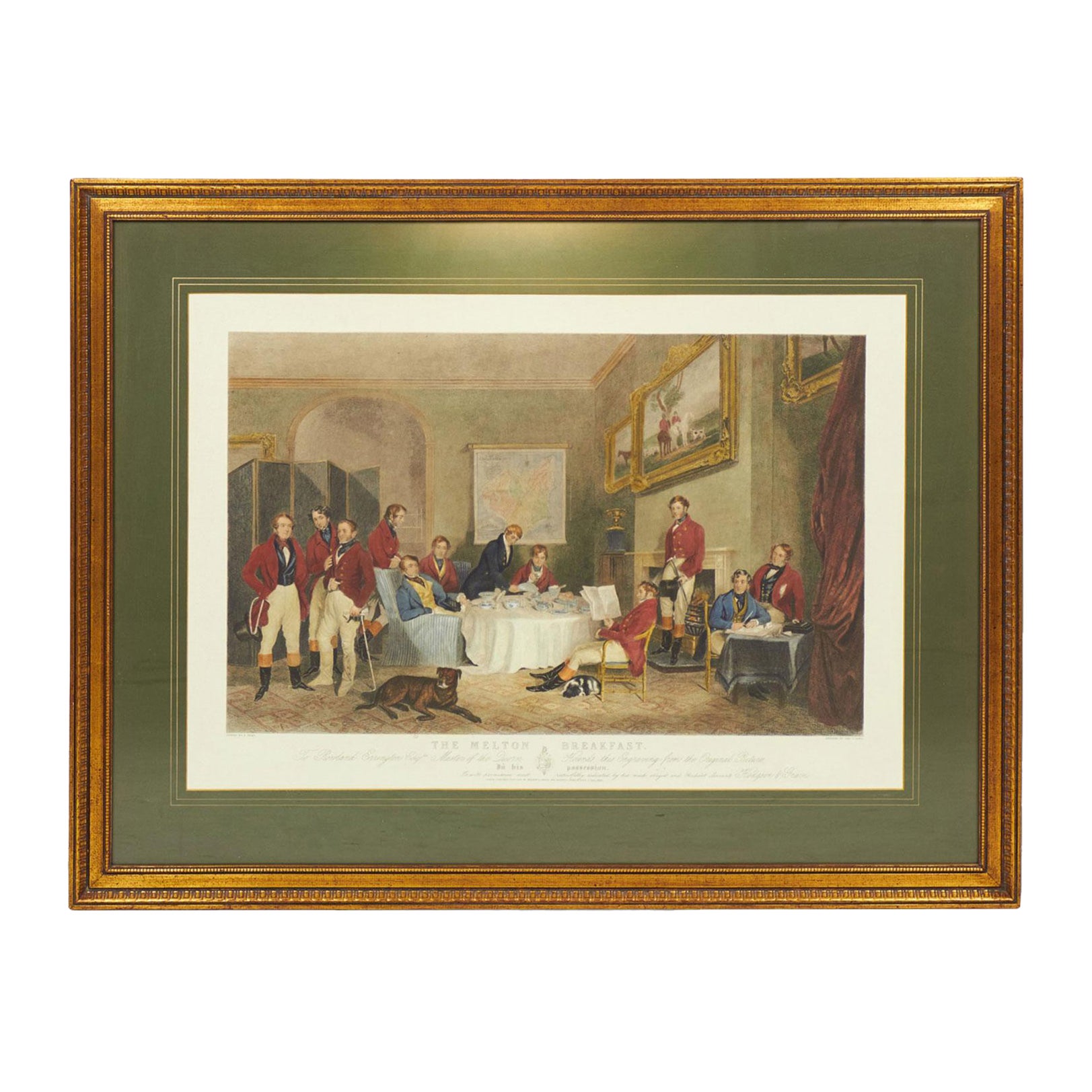 Framed English Victorian Lithograph of Men Gathering for Breakfast