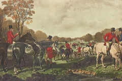 Framed English Victorian Lithograph of Men on Horseback Gathering for a Hunt