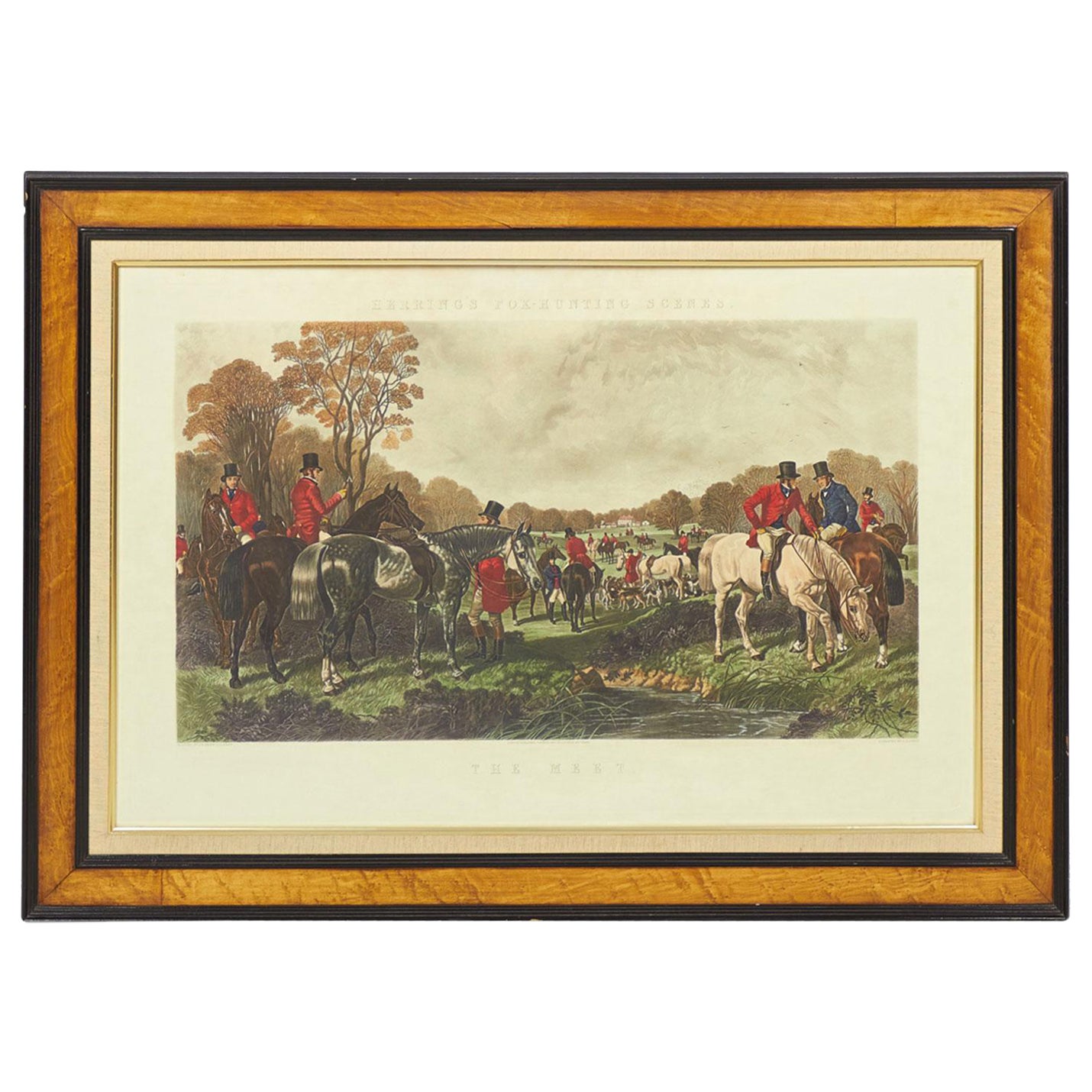 Framed English Victorian Lithograph of Men Gathering on Horseback for a Hunt Nea