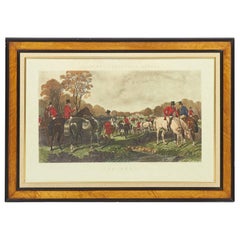 Framed English Victorian Lithograph of Men Gathering on Horseback for a Hunt Nea