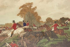 Framed English Victorian Lithograph Print of a Hunting Party on the Chase