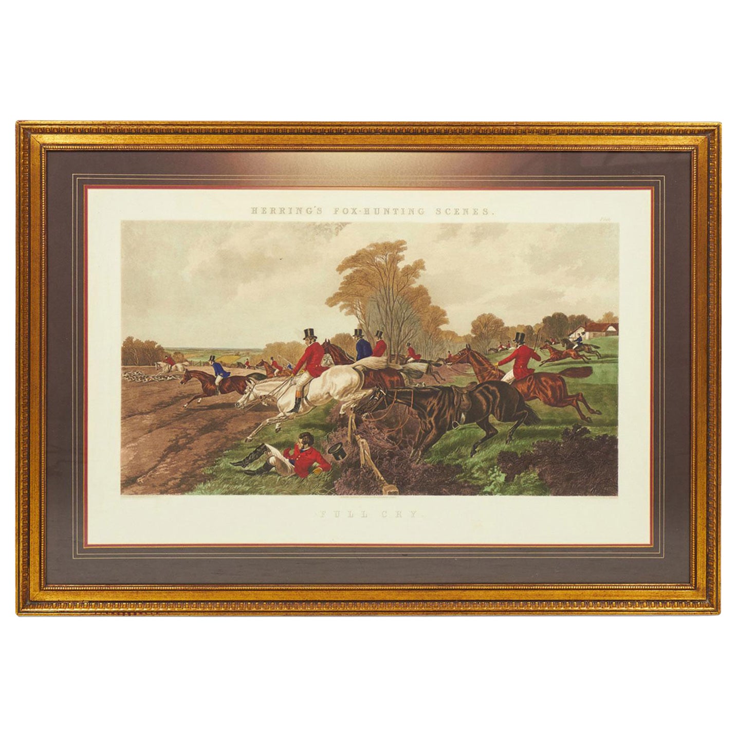Framed English Victorian Lithograph Print of a Hunting Party on the Chase