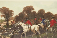Framed English Victorian Lithograph Print of Huntsmen and Dogs Breaking Cover