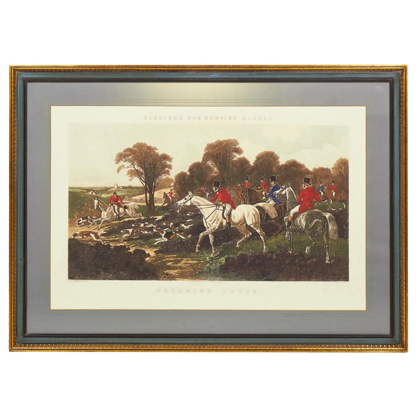Framed English Victorian Lithograph Print of Huntsmen and Dogs Breaking Cover