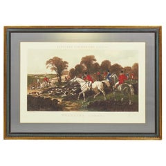 Framed English Victorian Lithograph Print of Huntsmen and Dogs Breaking Cover