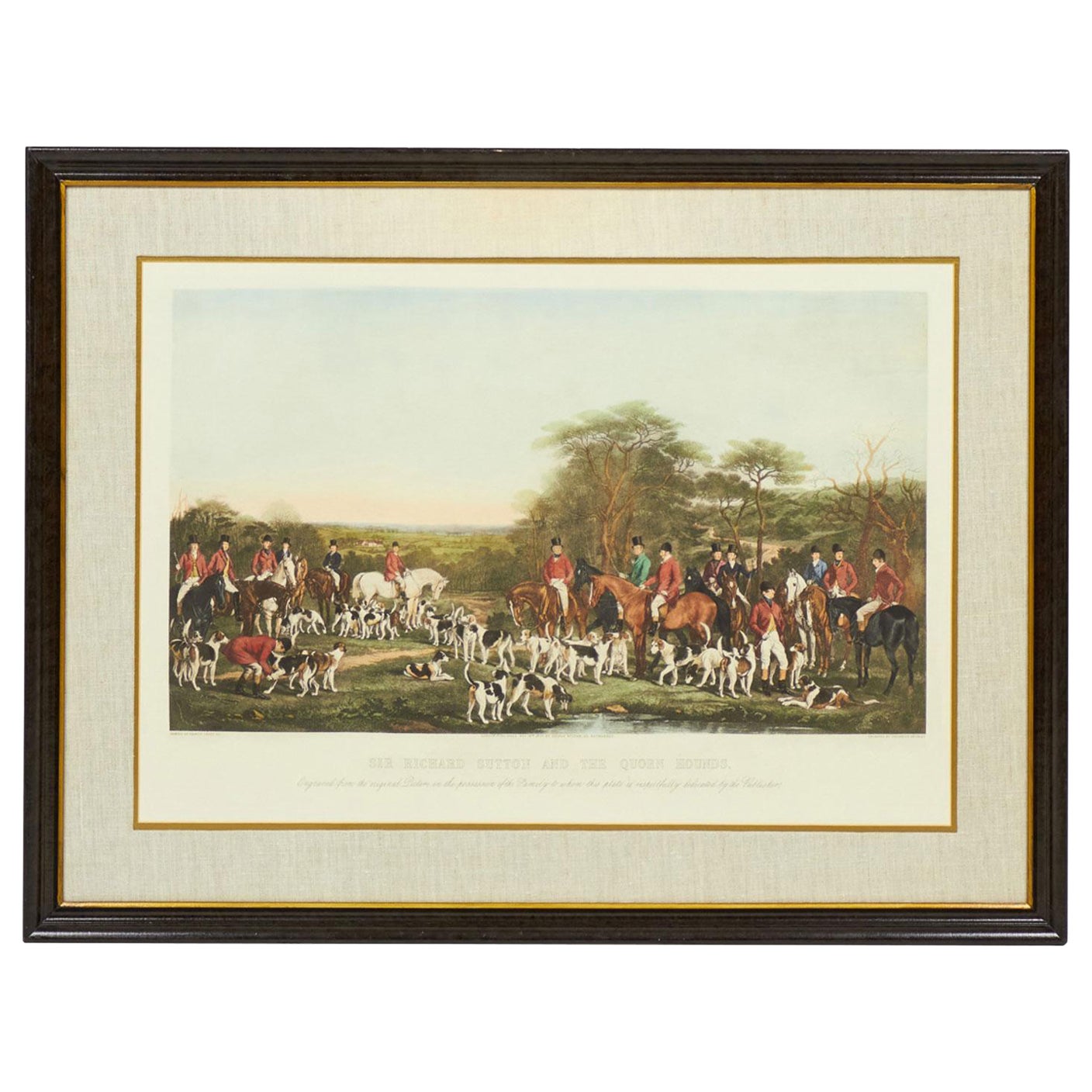 Framed English Victorian Lithograph Print of Sir Richard Sutton
s Hunting Party