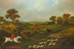 Framed English Victorian Painting of Hunters and Dogs Bounding Across a Field