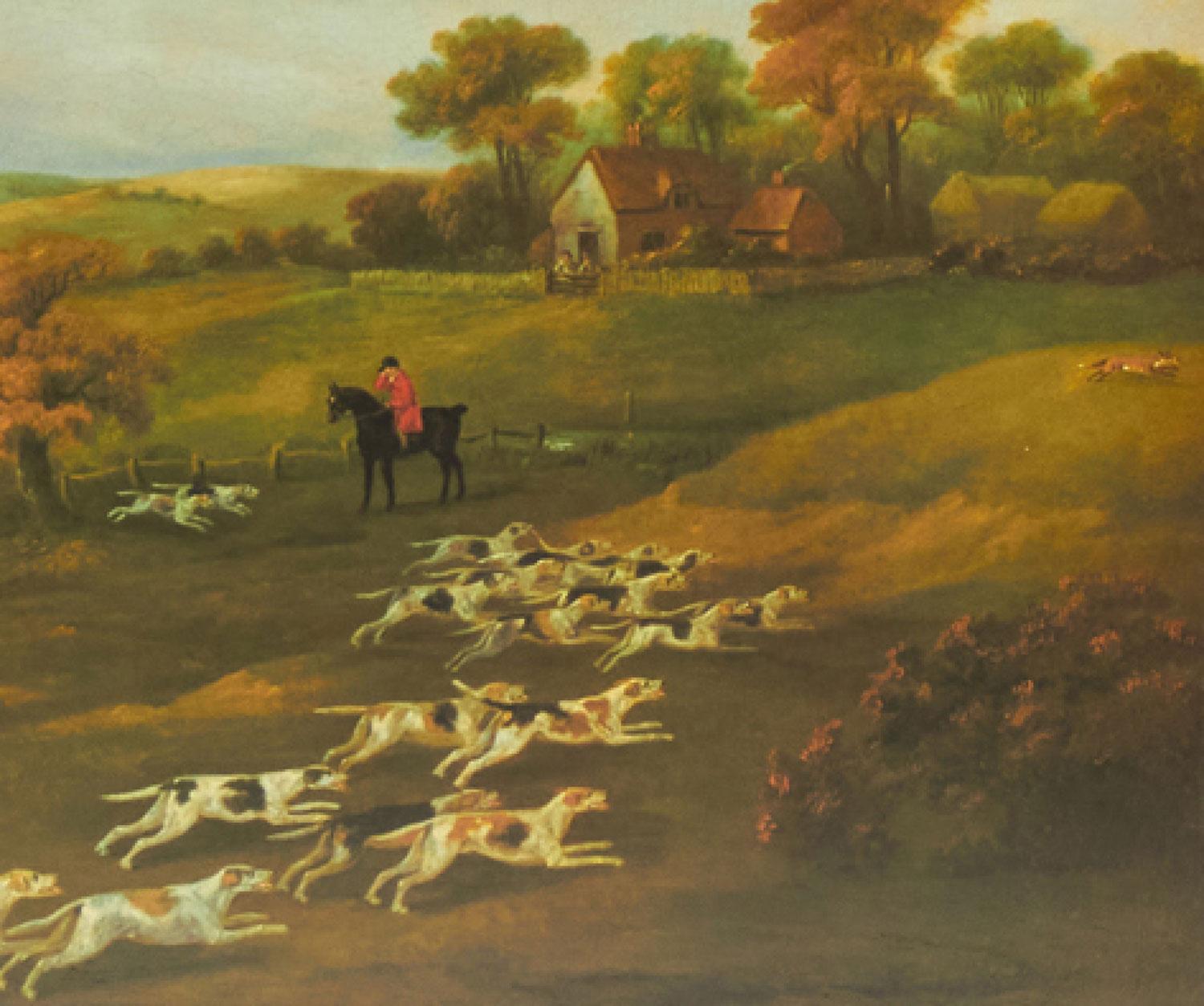 Framed English Victorian Painting of Hunters and Dogs Bounding Across a Field (Britisch) im Angebot