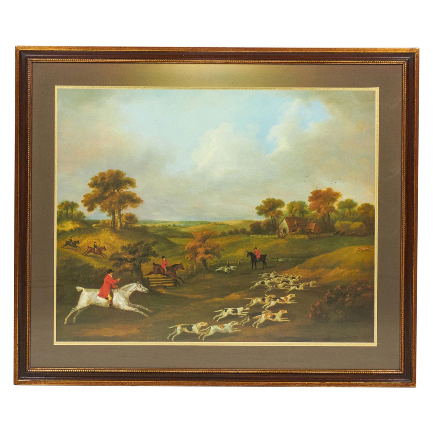 Framed English Victorian Painting of Hunters and Dogs Bounding Across a Field