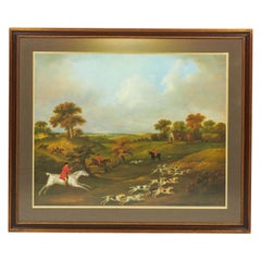 Framed English Victorian Painting of Hunters and Dogs Bounding Across a Field