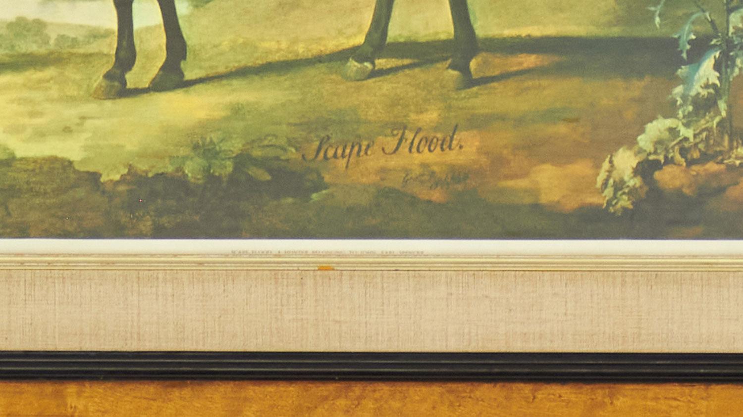 Englischer Druck eines Gemäldes im viktorianischen Stil, das einen Jungen zeigt, der ein braunes Pferd in einer ländlichen Umgebung am Zaumzeug führt, in einem rechteckigen Holzrahmen mit beigem Passepartout. v