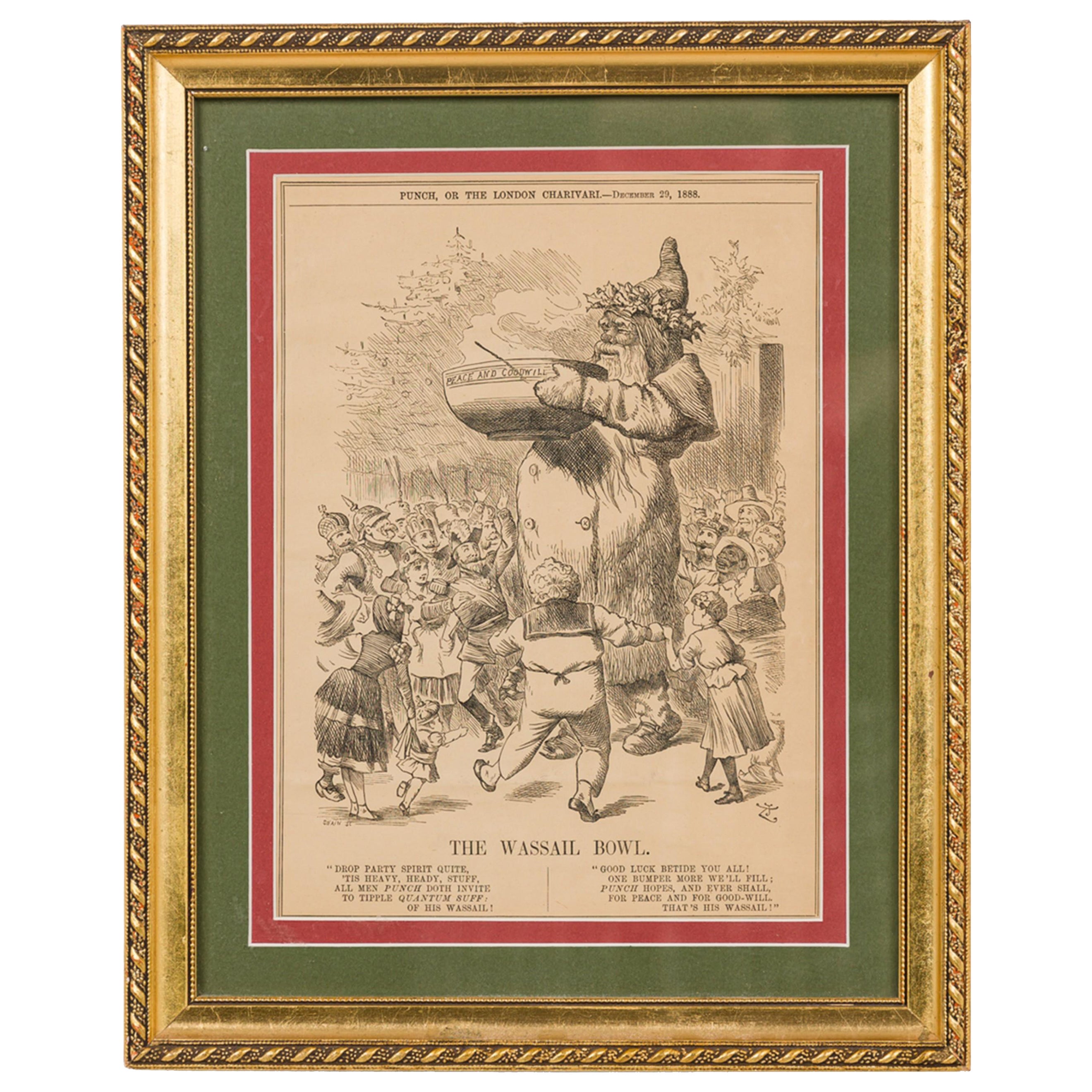 Framed English Victorian Style Print of an Engraving Titled "The Wassail Bowl"