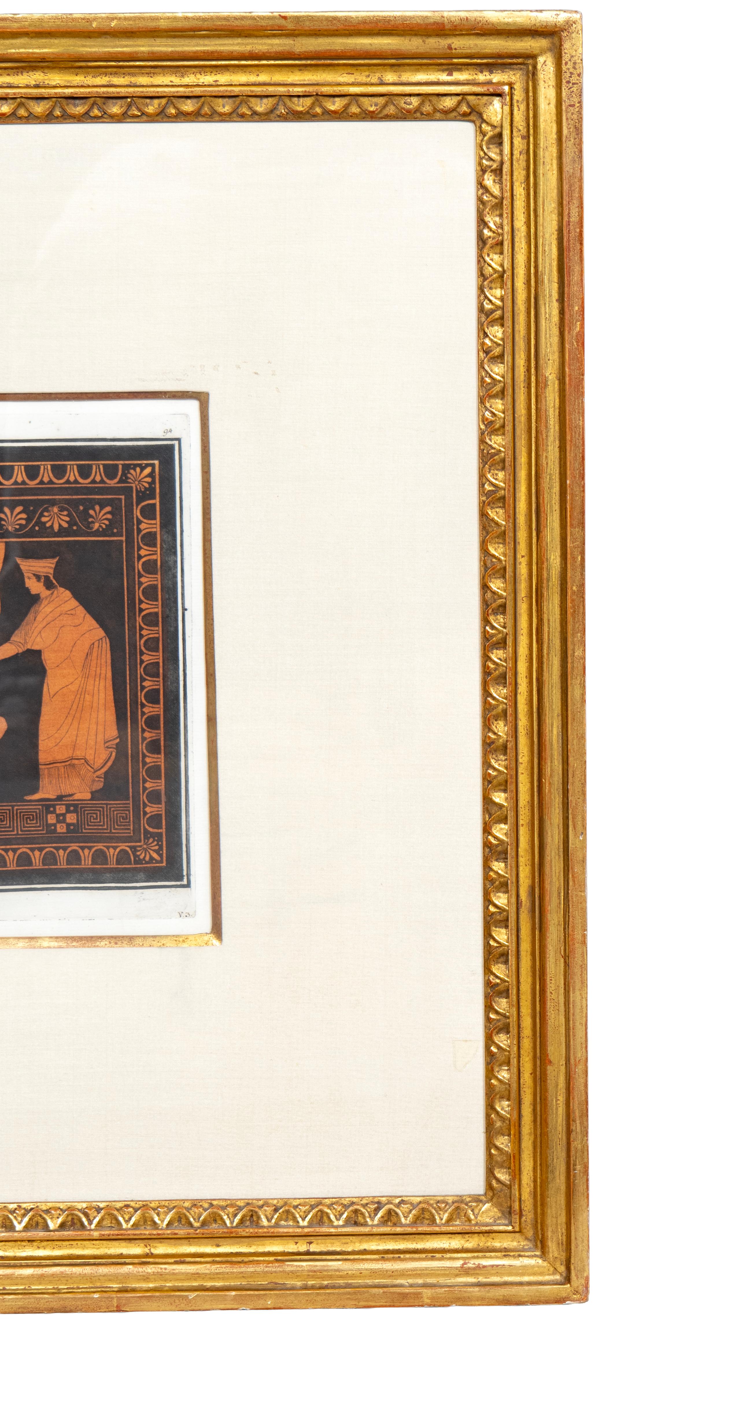 Print size: 15 inches by 10 inches. Lord Hamiltons Ancient Vases. Number 94. Johann Tischbein, Naples , Italy. The scene depicts a scene from Greek Mythology, specifically one of the Labors of Heracles { Hercules ]. In a fine quality water gilt