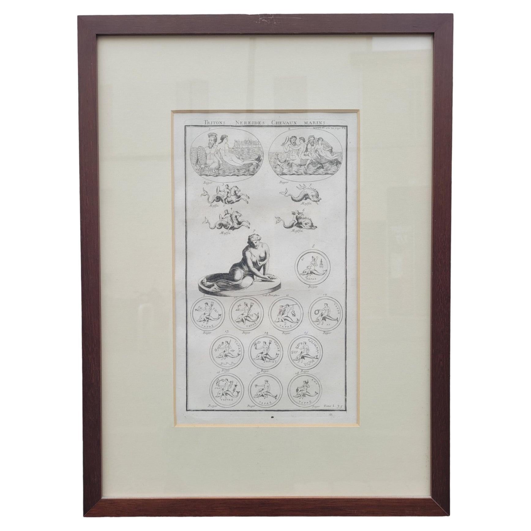 Grabado enmarcado, Tritones nereidas y caballitos de mar, Siglo XVII / XVIII