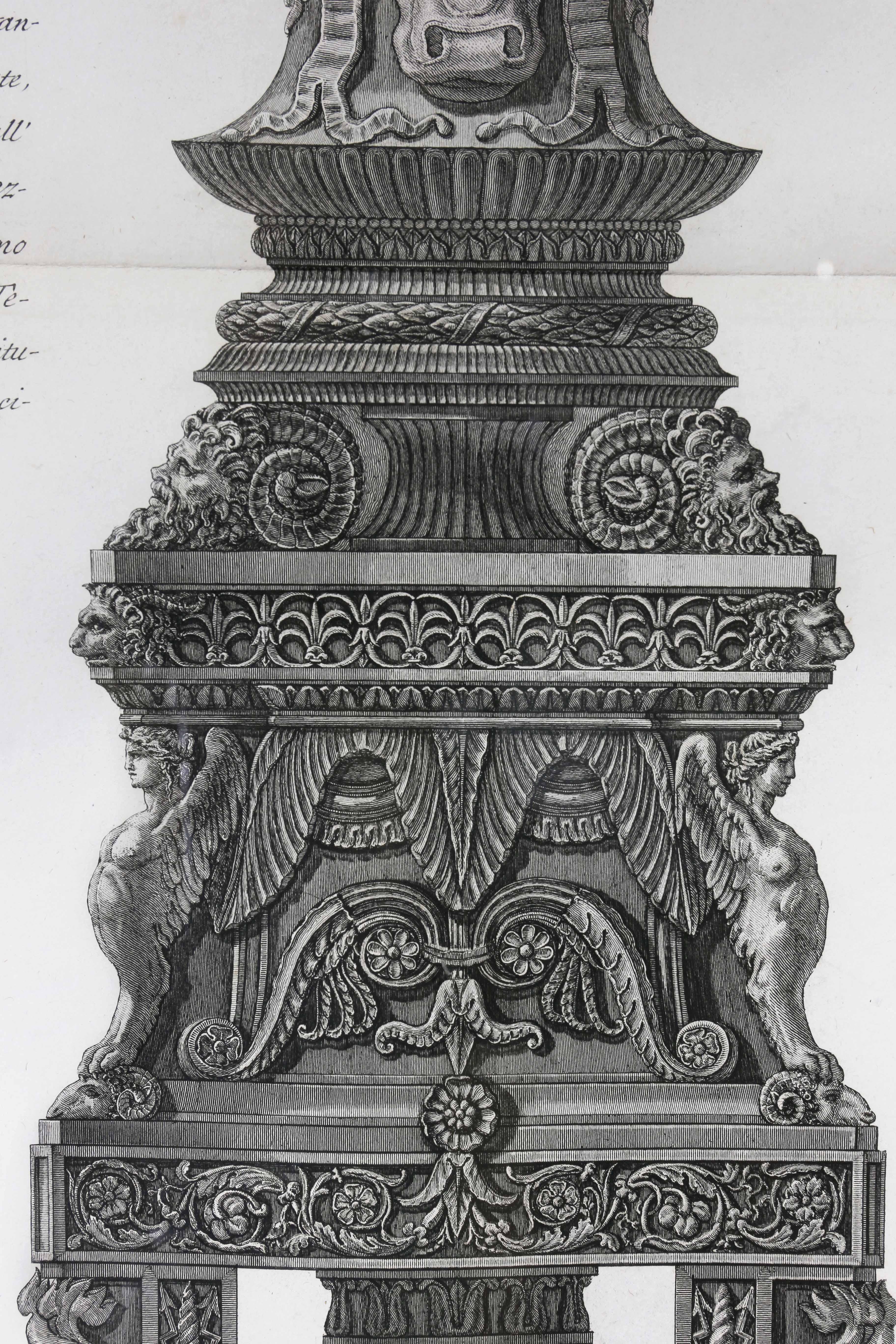 Italian Framed Engraving of a Candelabrum by Francisco Piranesi For Sale