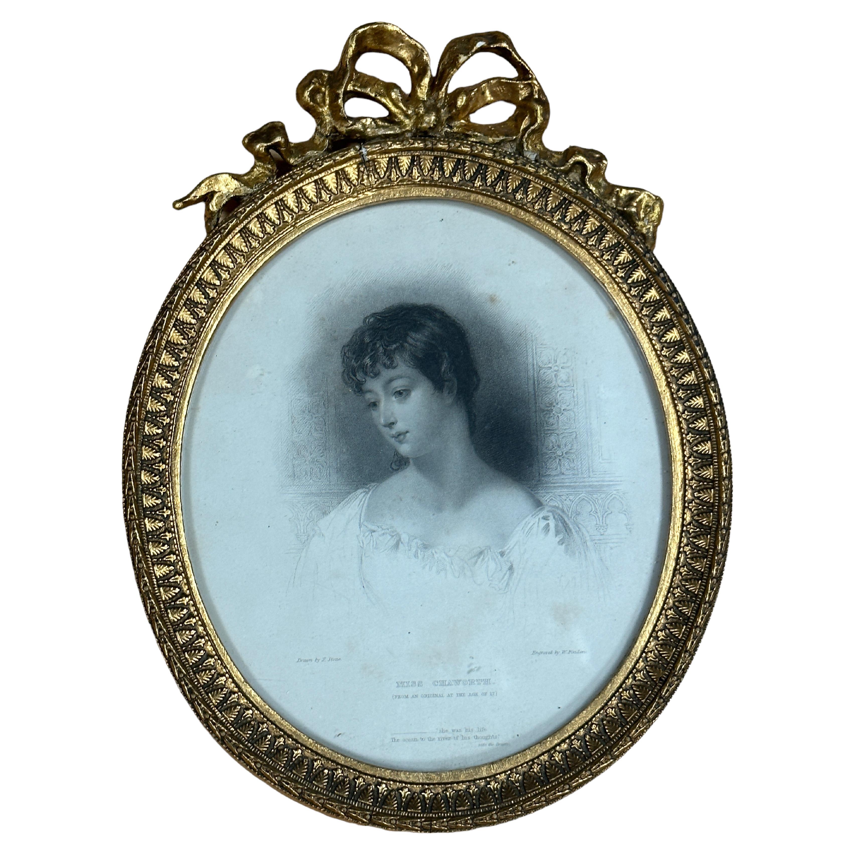 Framed Engraving Portrait of Miss Chaworth, German Biedermeier Period 1860s For Sale