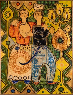 Framed Erotic Persian Painting of Lovers by Sadegh Tabrizi