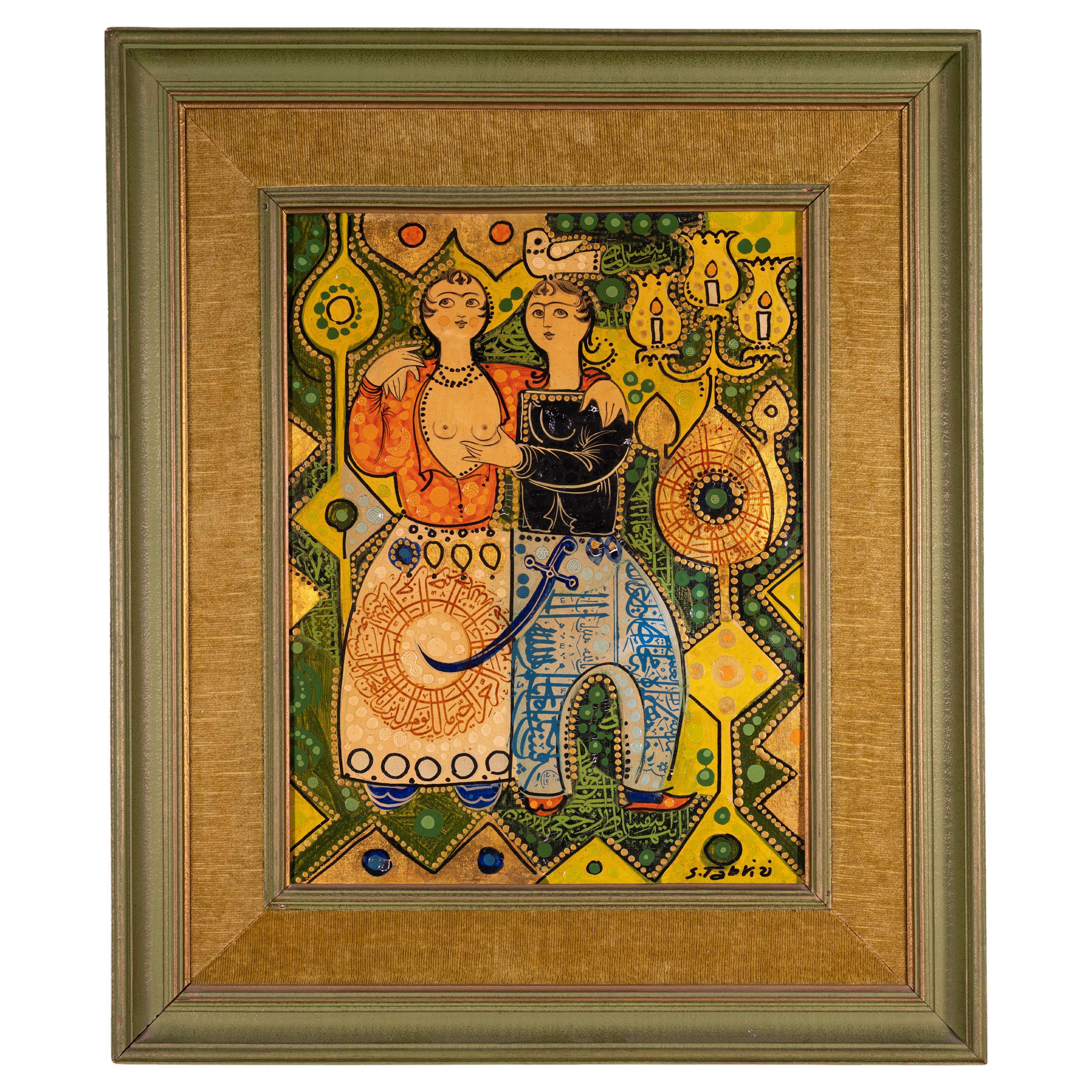 Framed Erotic Persian Painting of Lovers by Sadegh Tabrizi