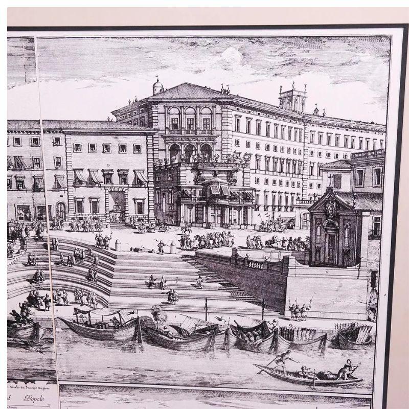 Grande reproduction d'une gravure originale de 1704 par Alessandro Specchi, d'une  Place romaine et bâtiment naval appelé 