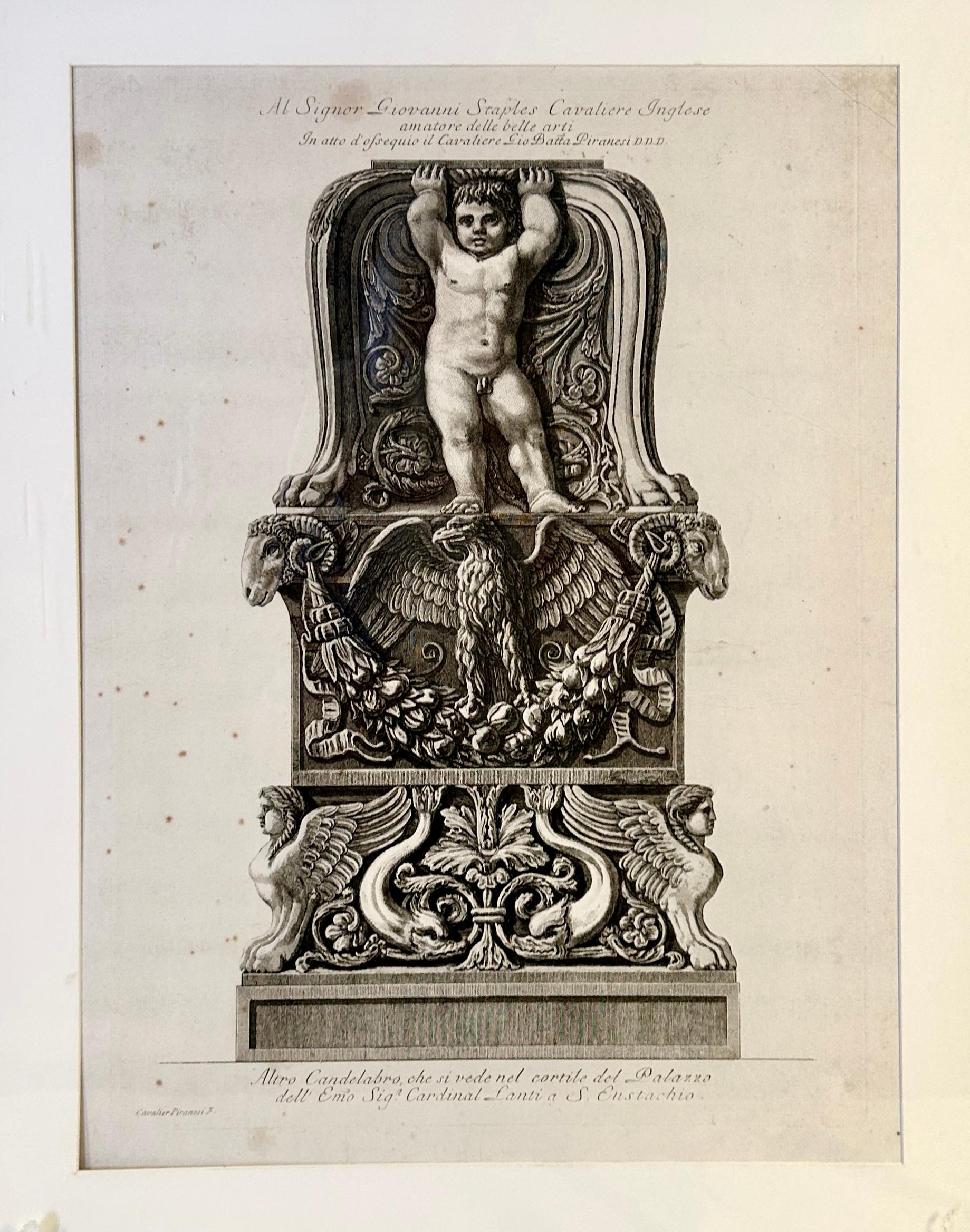 Framed etching of ornamental candelabrum base found in the courtyard of a church in Italy (Sant' Eustachio). Engraving by Italian artist Giovanni Piranesi (1720-1778).  Black and white with off white matting, under glass and framed.